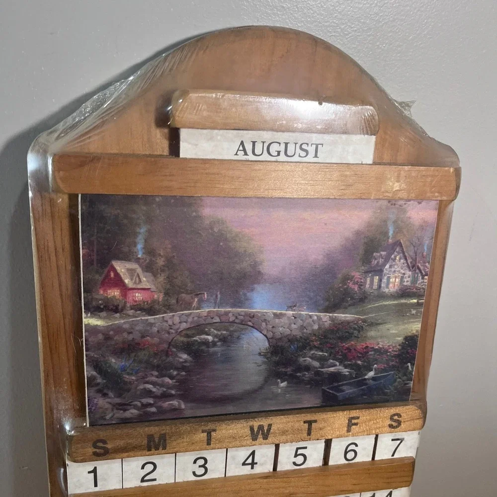 Vtg Perpetual Wooden Calendar Wall Hanging Country Cottage Landscape 22x11 New